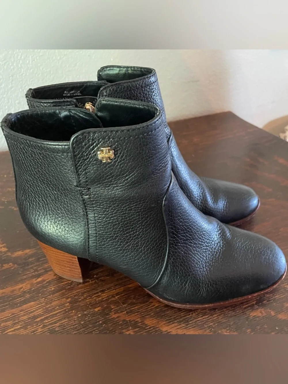 Tory Burch Black Leather Ankle Booties with Wood Heel